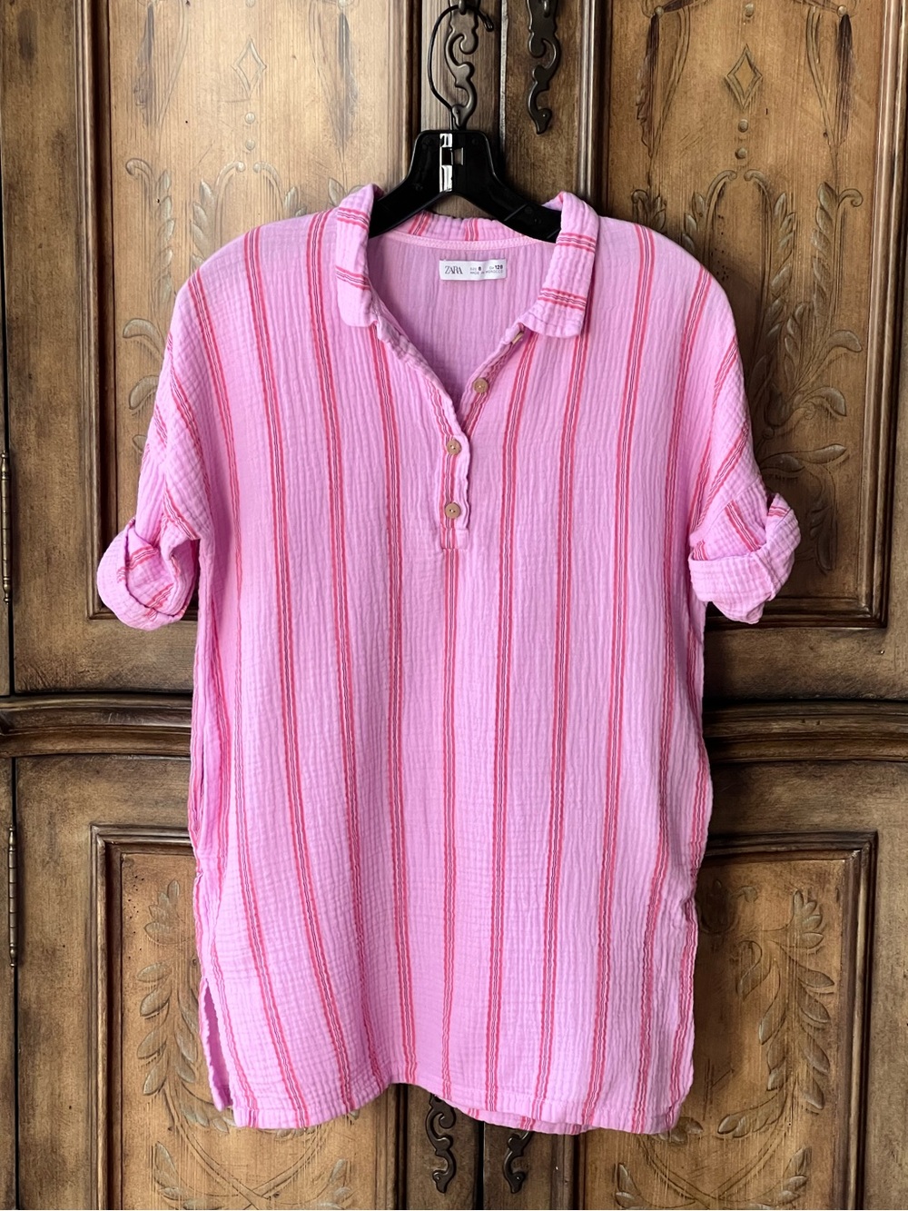 Zara Girls Pink Striped Gauze Shirt Dress Button Front Pockets Sz 8